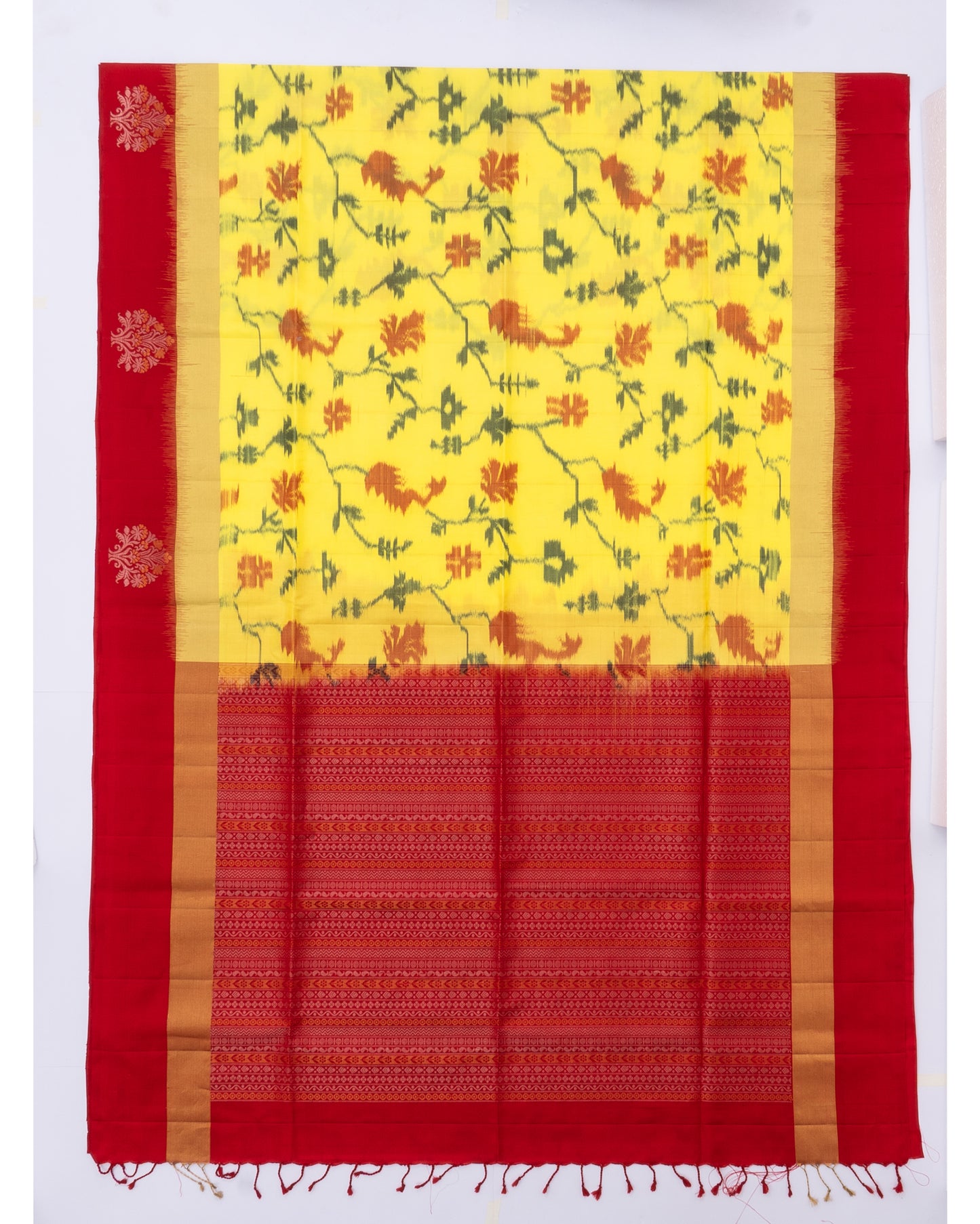 LEMON YELLOW  COLOUR IKAT SOFT SILK SAREE