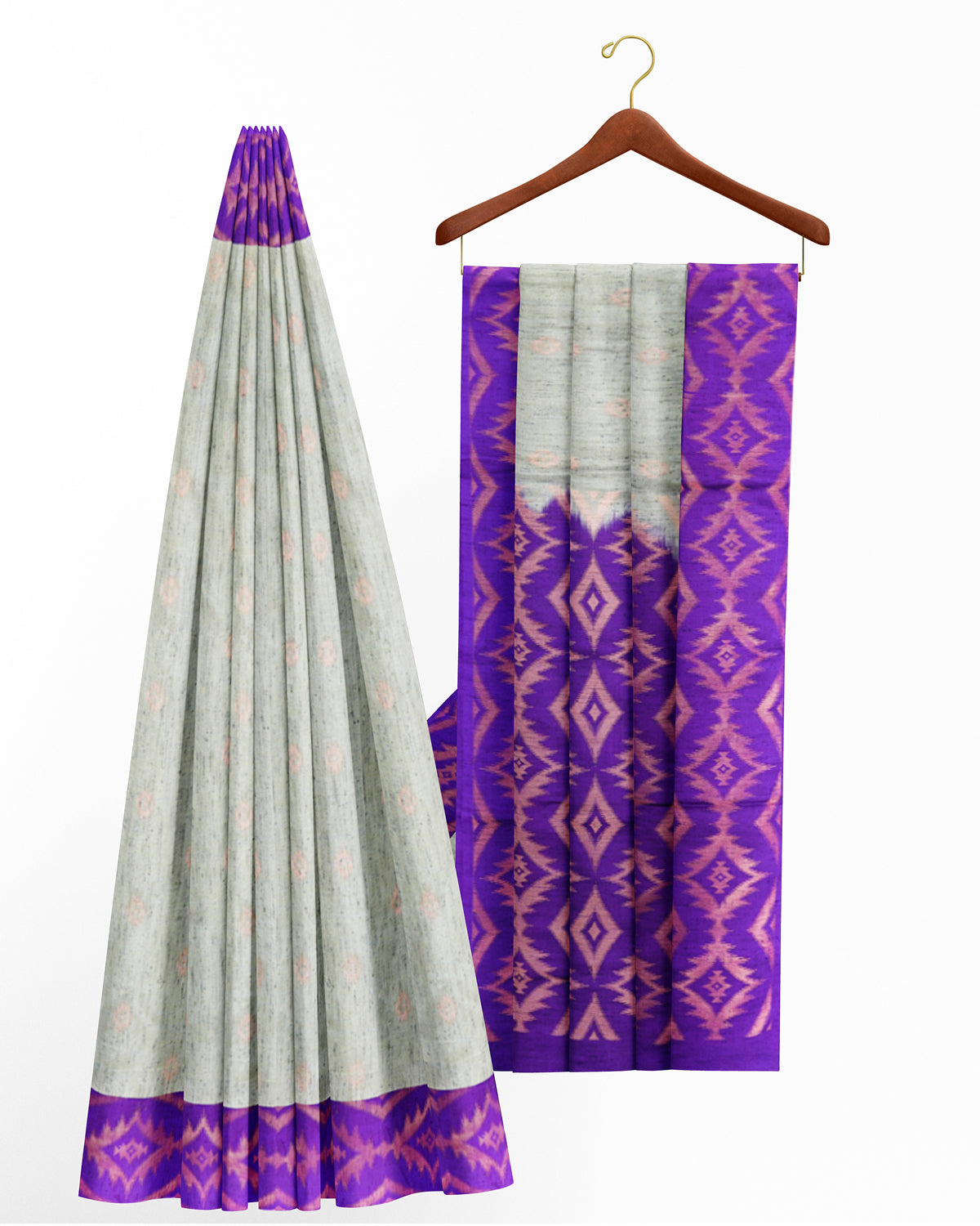 Dupion Semi soft silk grey with purple pallu