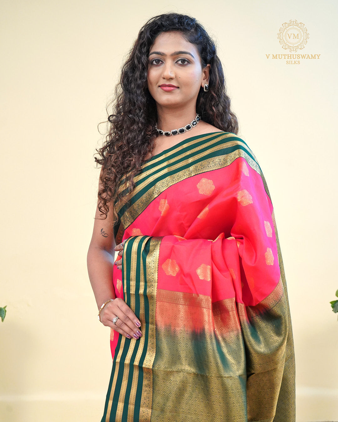 Kanchipuram Semi silk saree Brink Pink with Bottle green Border