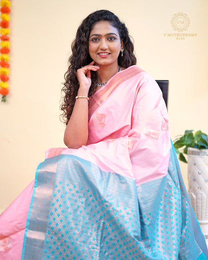 Baby pink with sky blue colour Semi Soft Silk  Saree