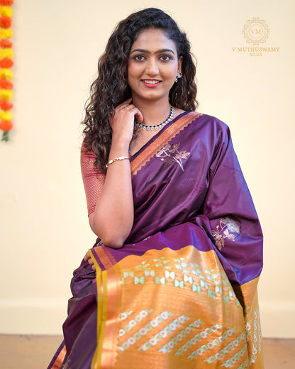 Dark Lavender and mustard colour Semi Soft Silk  Saree