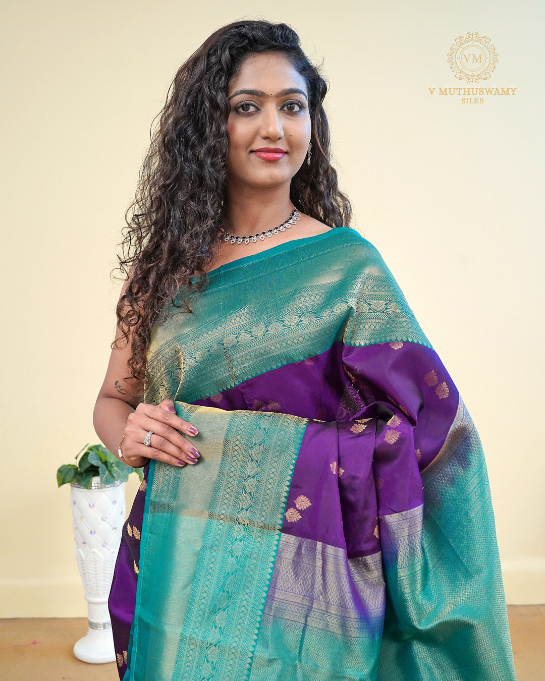 Kanchipuram Semi silk saree Purple with Aqua Green Border