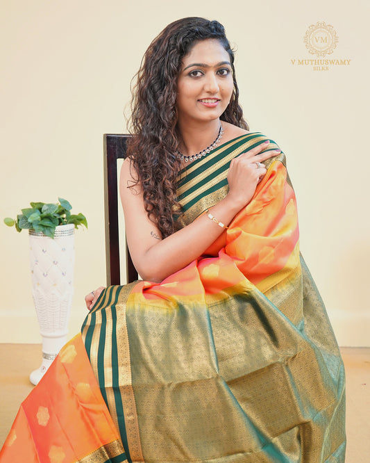 Kanchipuram Semi silk saree Golden yellow with Bottle green Border