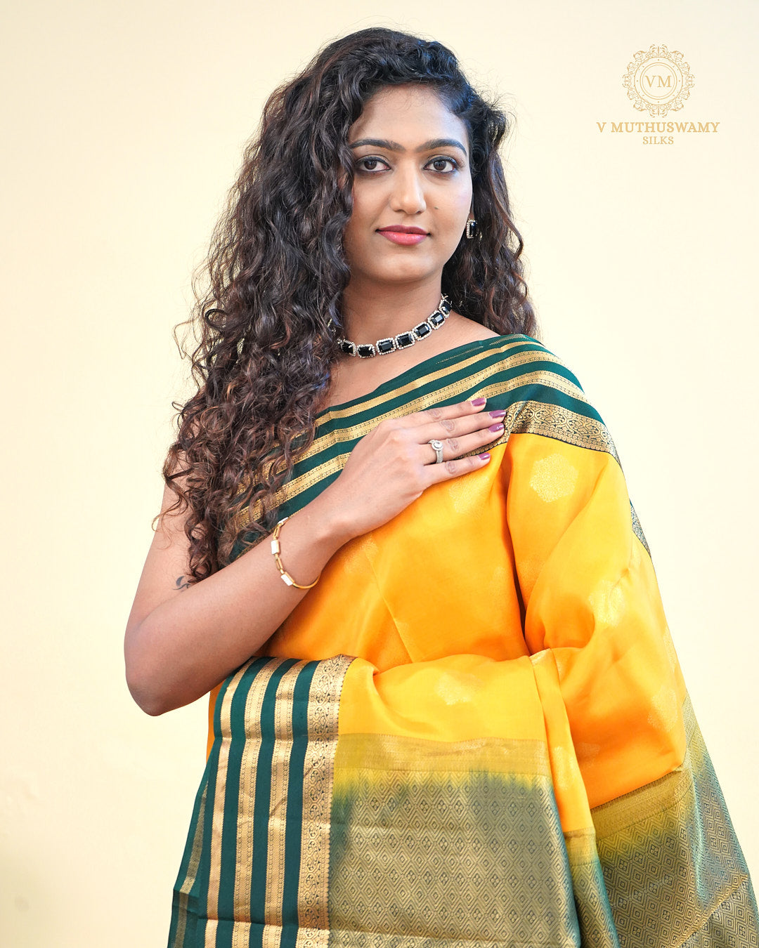 Kanchipuram Semi silk saree Lemon yellow with Green Border