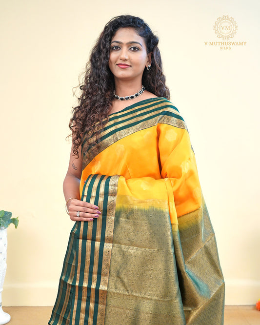 Kanchipuram Semi silk saree Lemon yellow with Green Border