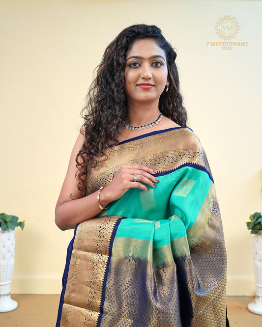 Kanchipuram Semi silk saree Aqua Green with Purple Iris Border