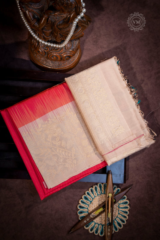 Red Pink Handloom soft silk saree