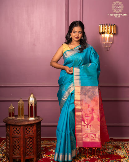 Handloom bluegreen with red colour dupion soft silk saree