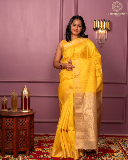 Handloom golden yellow with sandel colour dupion soft silk saree