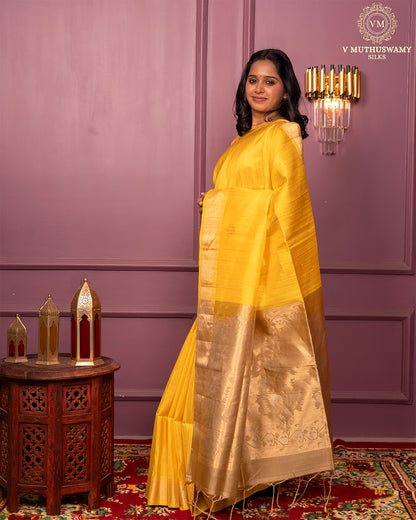 Handloom golden yellow with sandel colour dupion soft silk saree