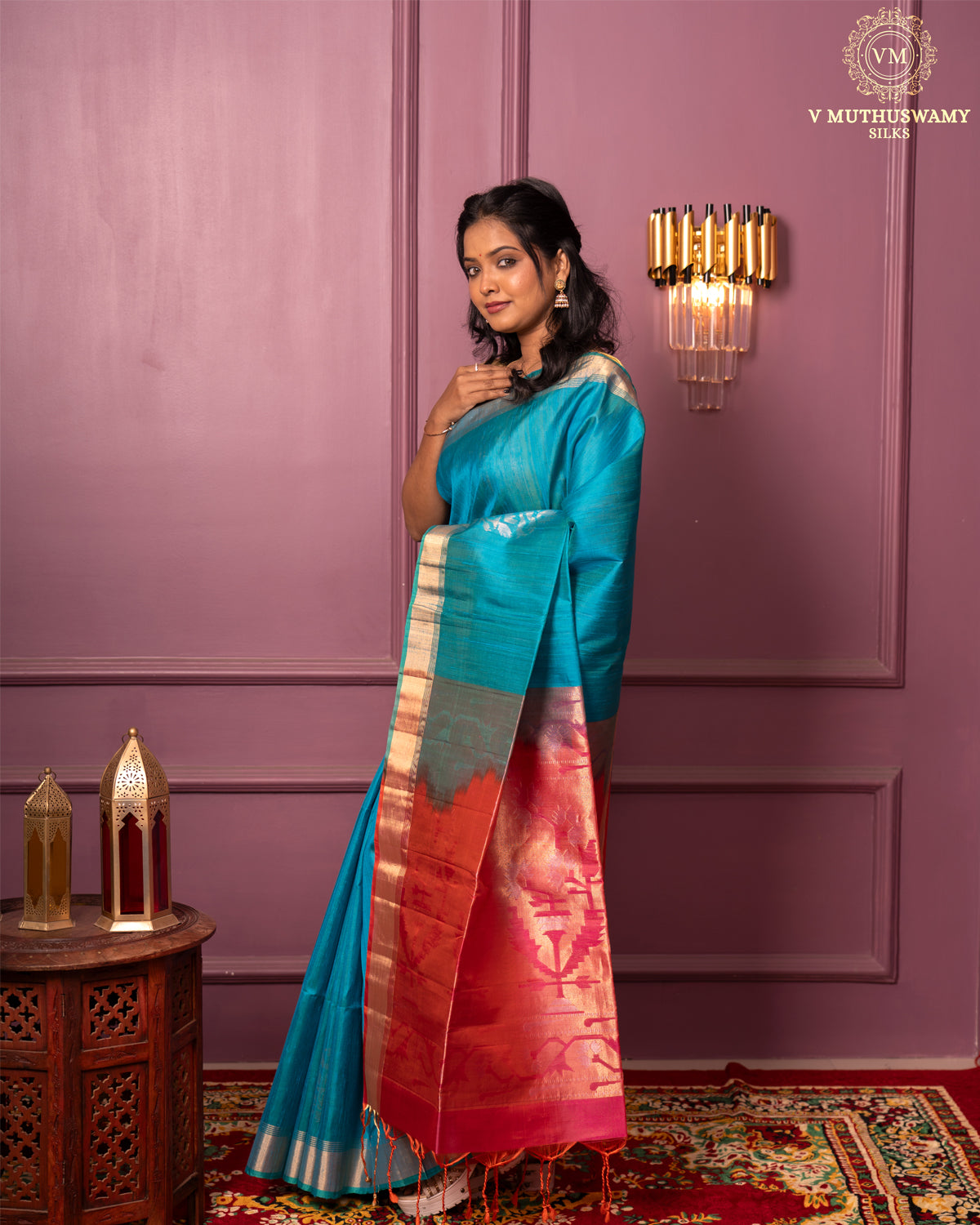 Handloom bluegreen with red colour dupion soft silk saree