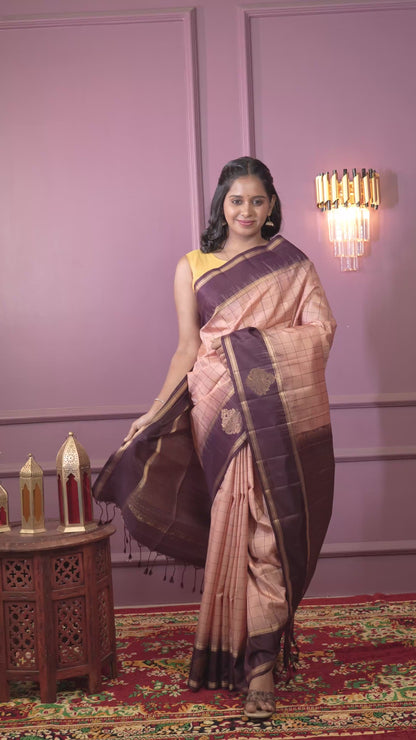 Peach colour Handloom  soft silk saree