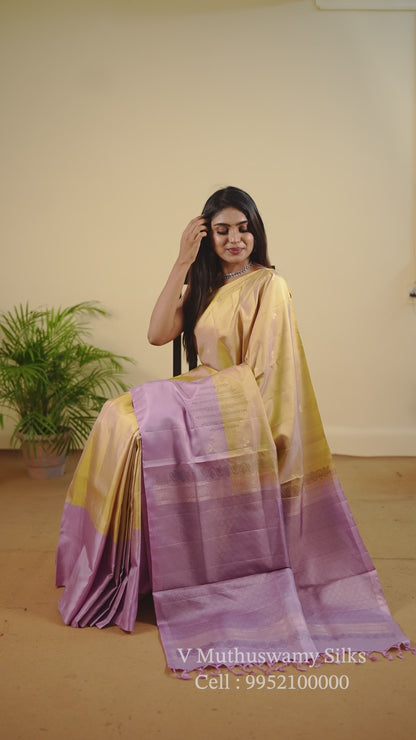 Handloom golden yellow with purple colour soft silk saree