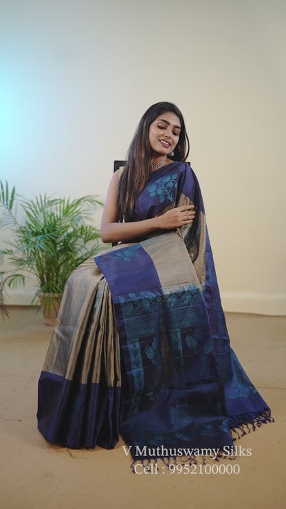 Handloom gray with navy blue colour soft silk saree