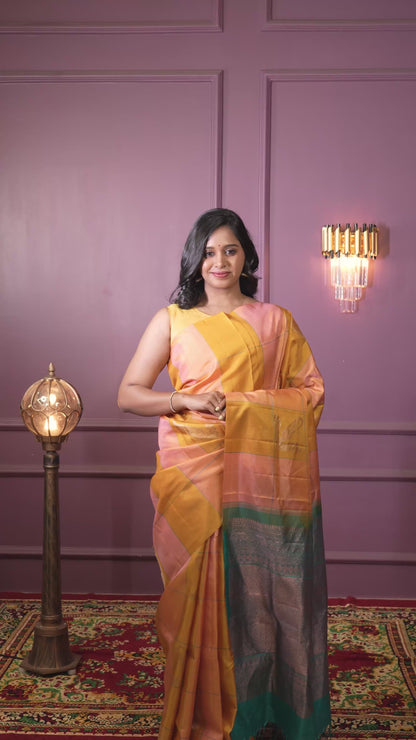 Handloom  yellow with ramar green colour soft silk saree