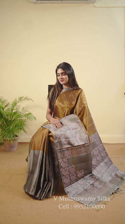 Handloom golden yellow with ash colour soft silk saree