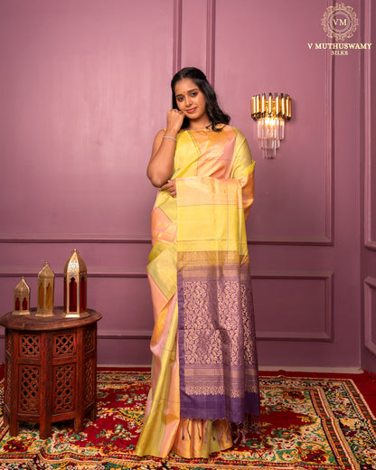 Handloom  yellow with purple colour soft silk saree