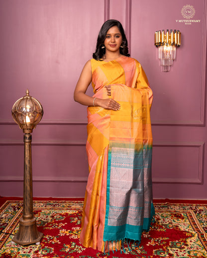 Handloom  yellow with ramar green colour soft silk saree