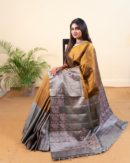 Handloom golden yellow with ash colour soft silk saree