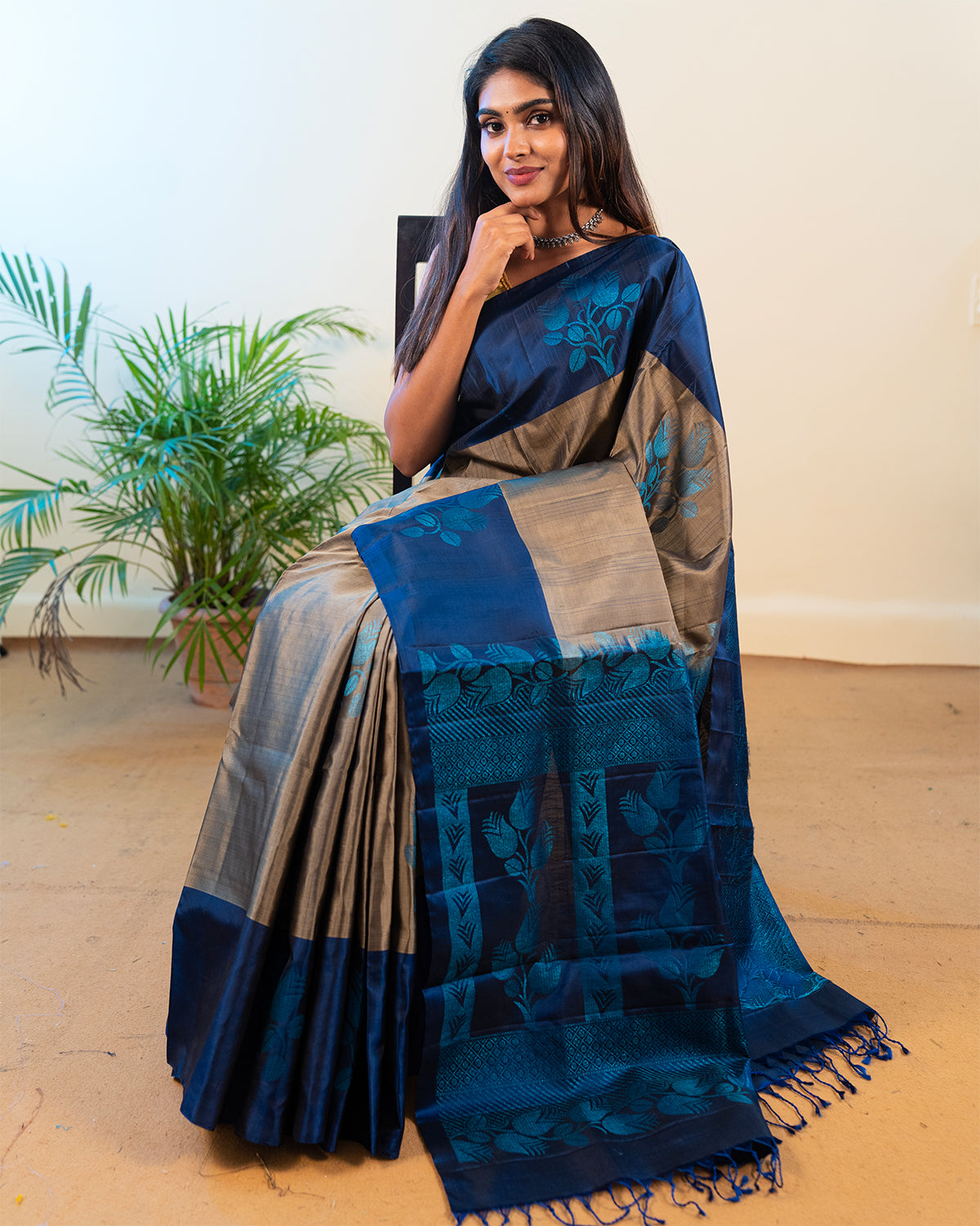 Handloom gray with navy blue colour soft silk saree