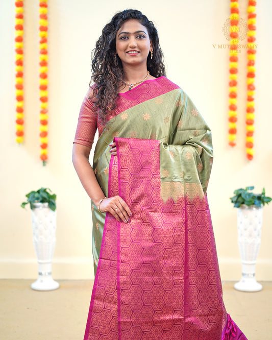 Dupion Semi soft silk Green Mist with pink pallu