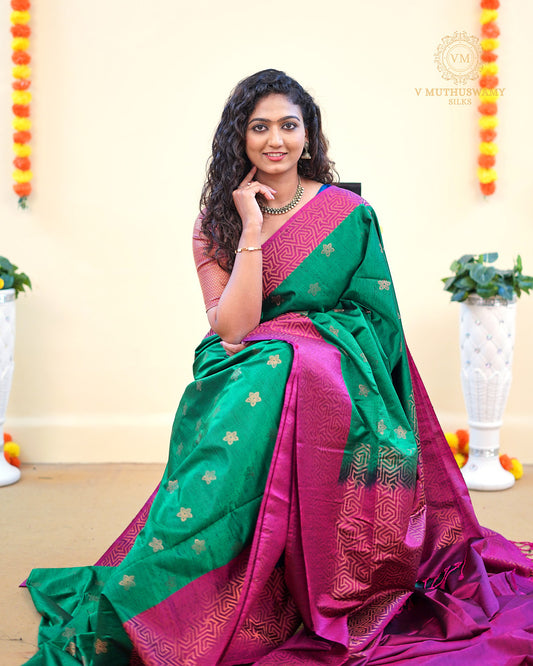 Dupion Semi soft silk green with pink pallu