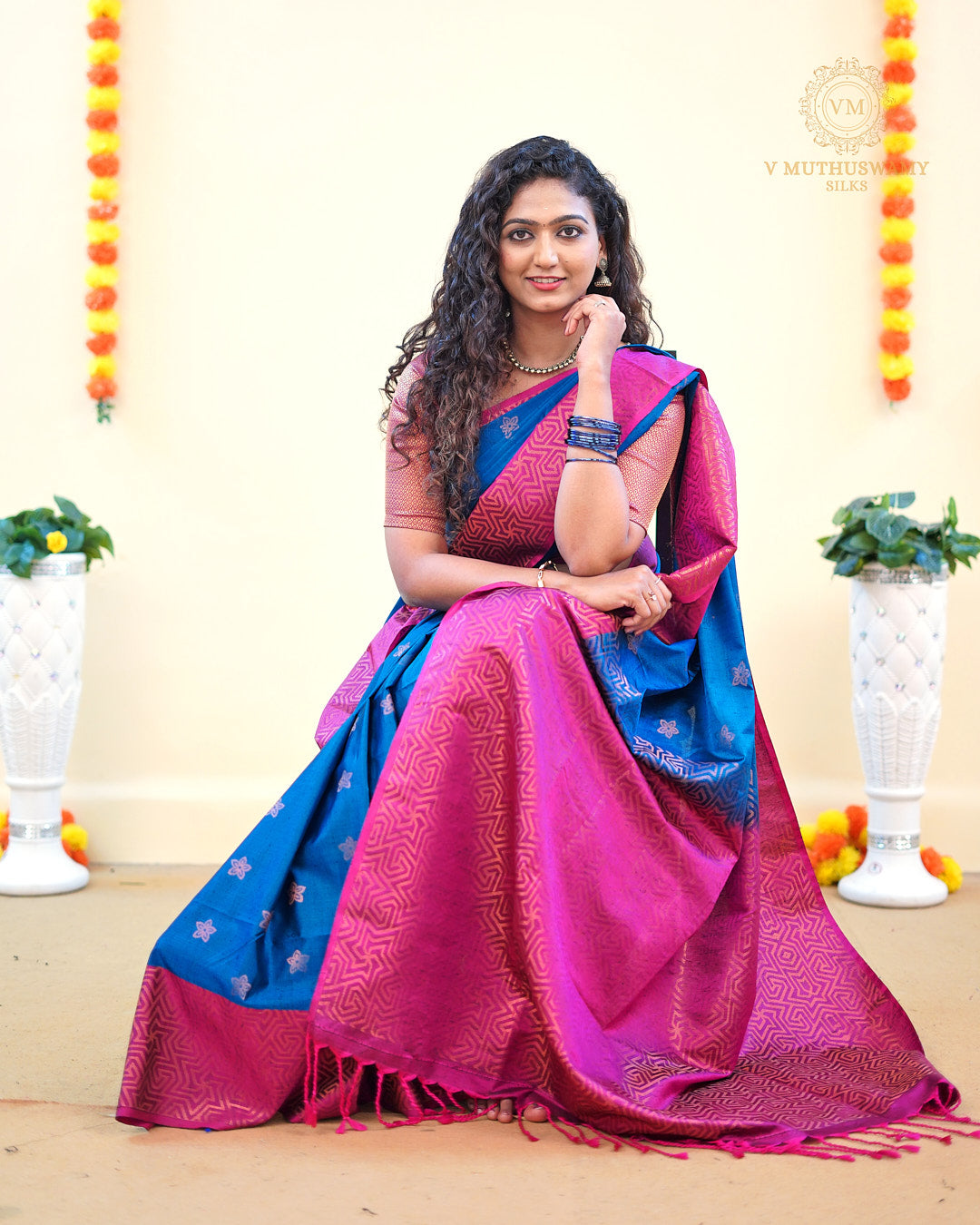 Blue with pink colour dupion Semi soft silk saree