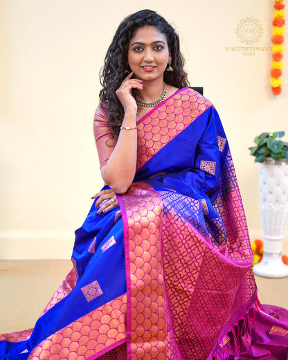 Blueberry blue with pink colour dupion Semi soft silk saree