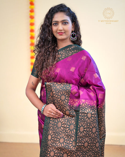 Carnation Pink with green colour dupion Semi soft silk saree