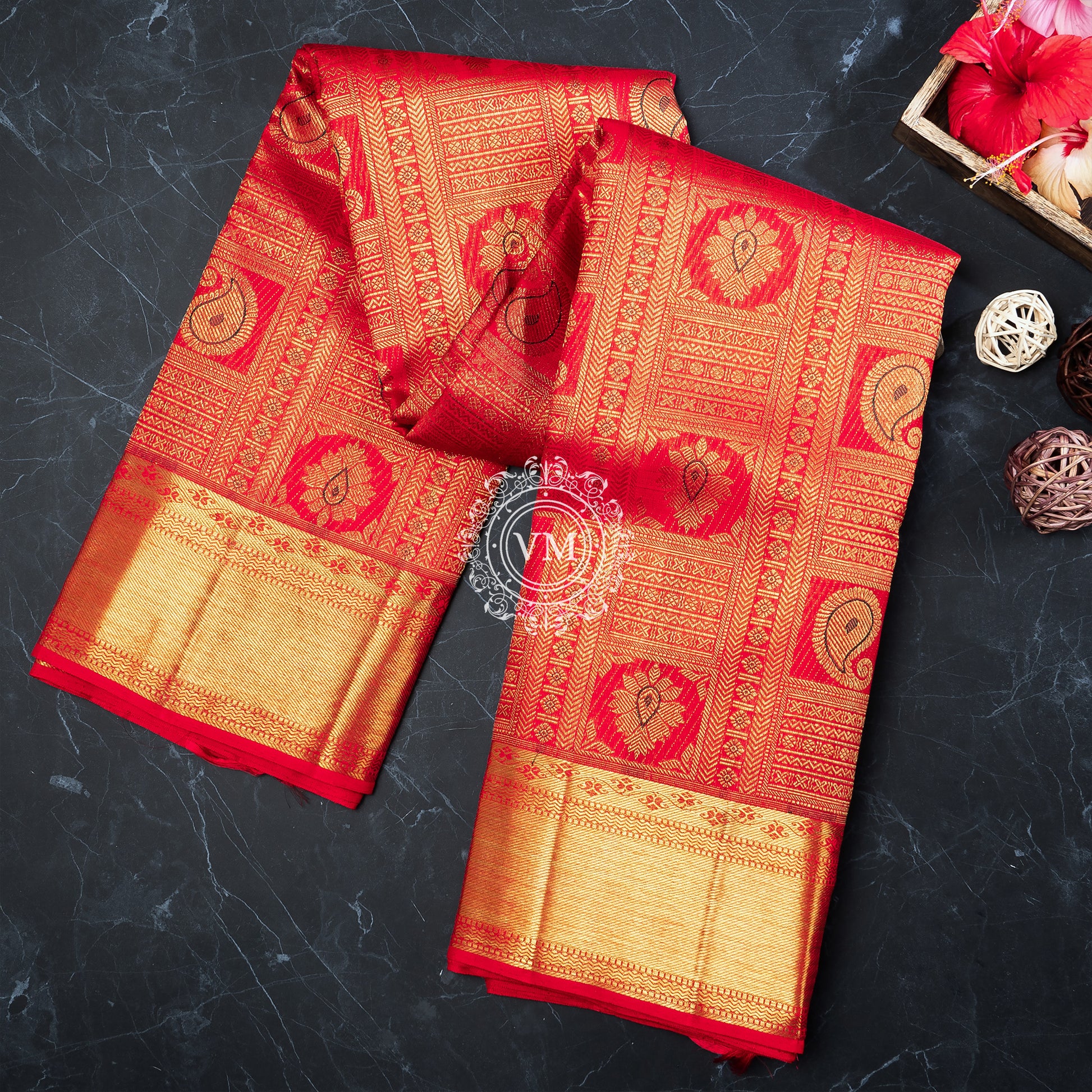 WS28 Cherry Red Silk Saree with Allover rich Golden Zari and Floral  buttas with Traditional Korvai Border - V Muthuswamy Silks