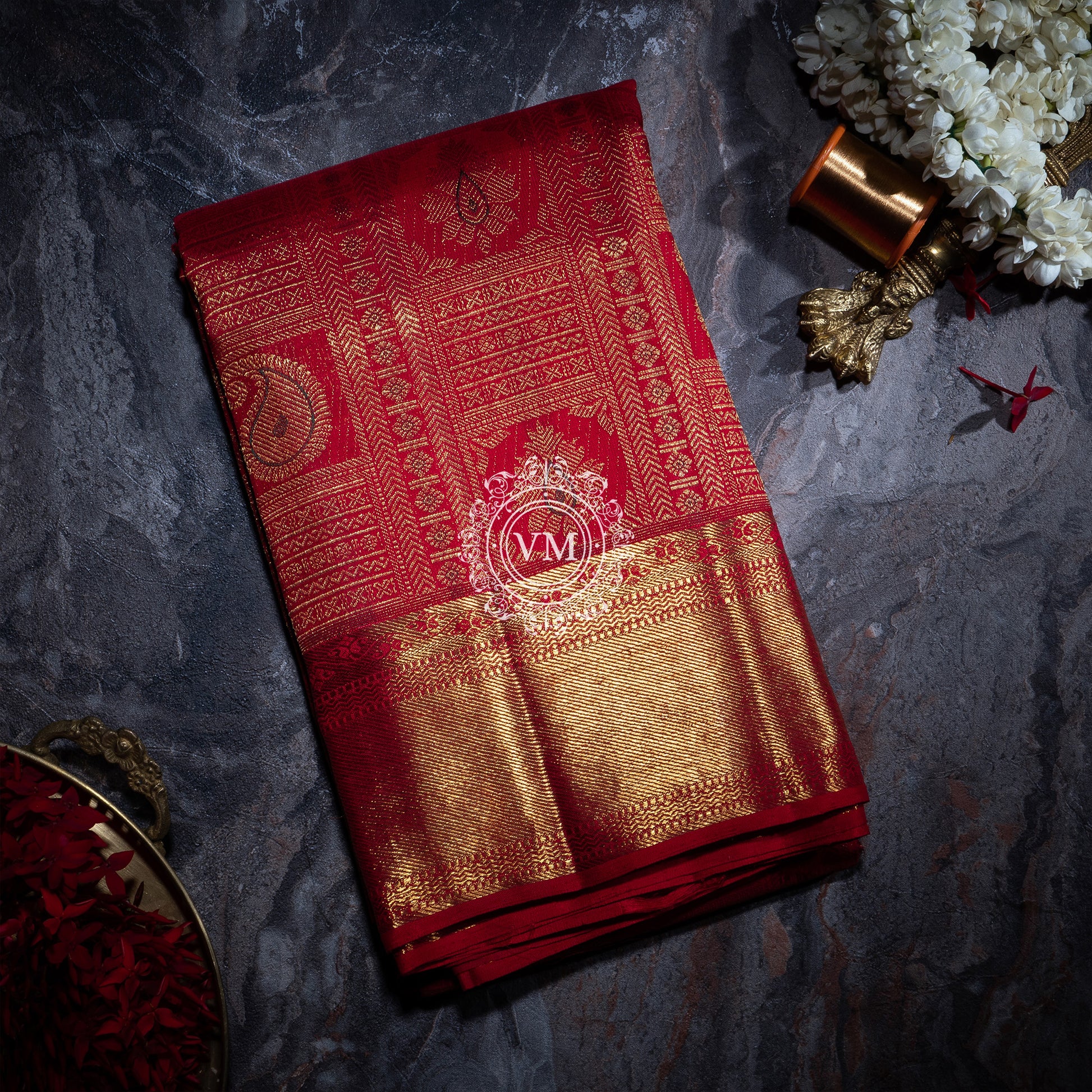 WS28 Cherry Red Silk Saree with Allover rich Golden Zari and Floral  buttas with Traditional Korvai Border - V Muthuswamy Silks