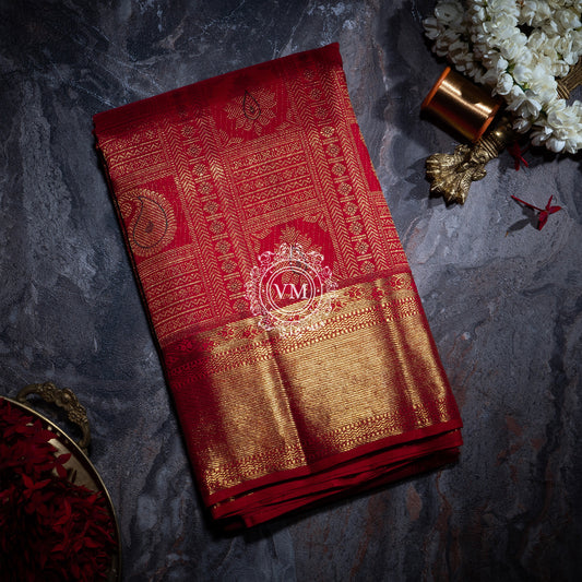 WS28 Cherry Red Silk Saree with Allover rich Golden Zari and Floral  buttas with Traditional Korvai Border - V Muthuswamy Silks