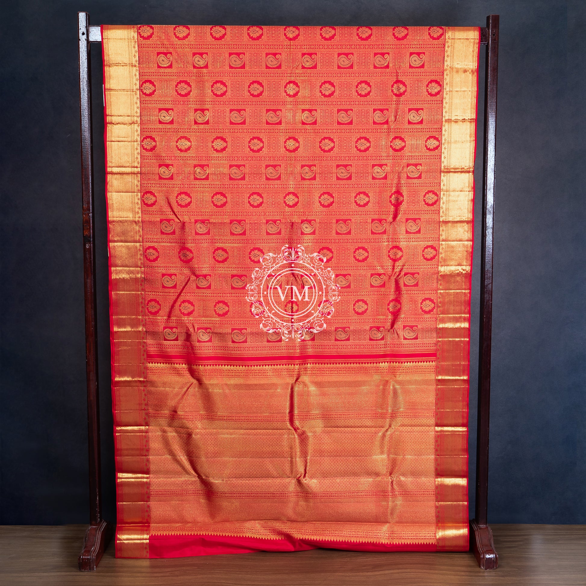 WS28 Cherry Red Silk Saree with Allover rich Golden Zari and Floral  buttas with Traditional Korvai Border - V Muthuswamy Silks