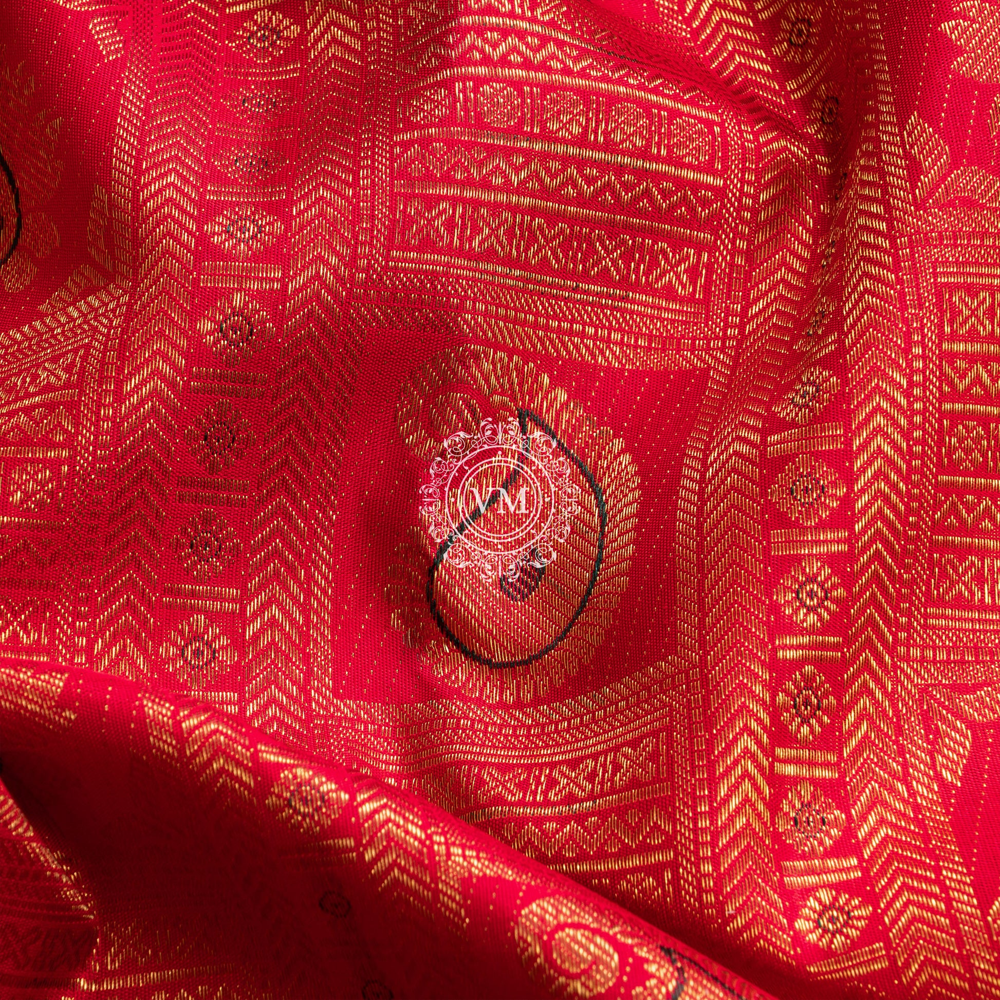 WS28 Cherry Red Silk Saree with Allover rich Golden Zari and Floral  buttas with Traditional Korvai Border - V Muthuswamy Silks