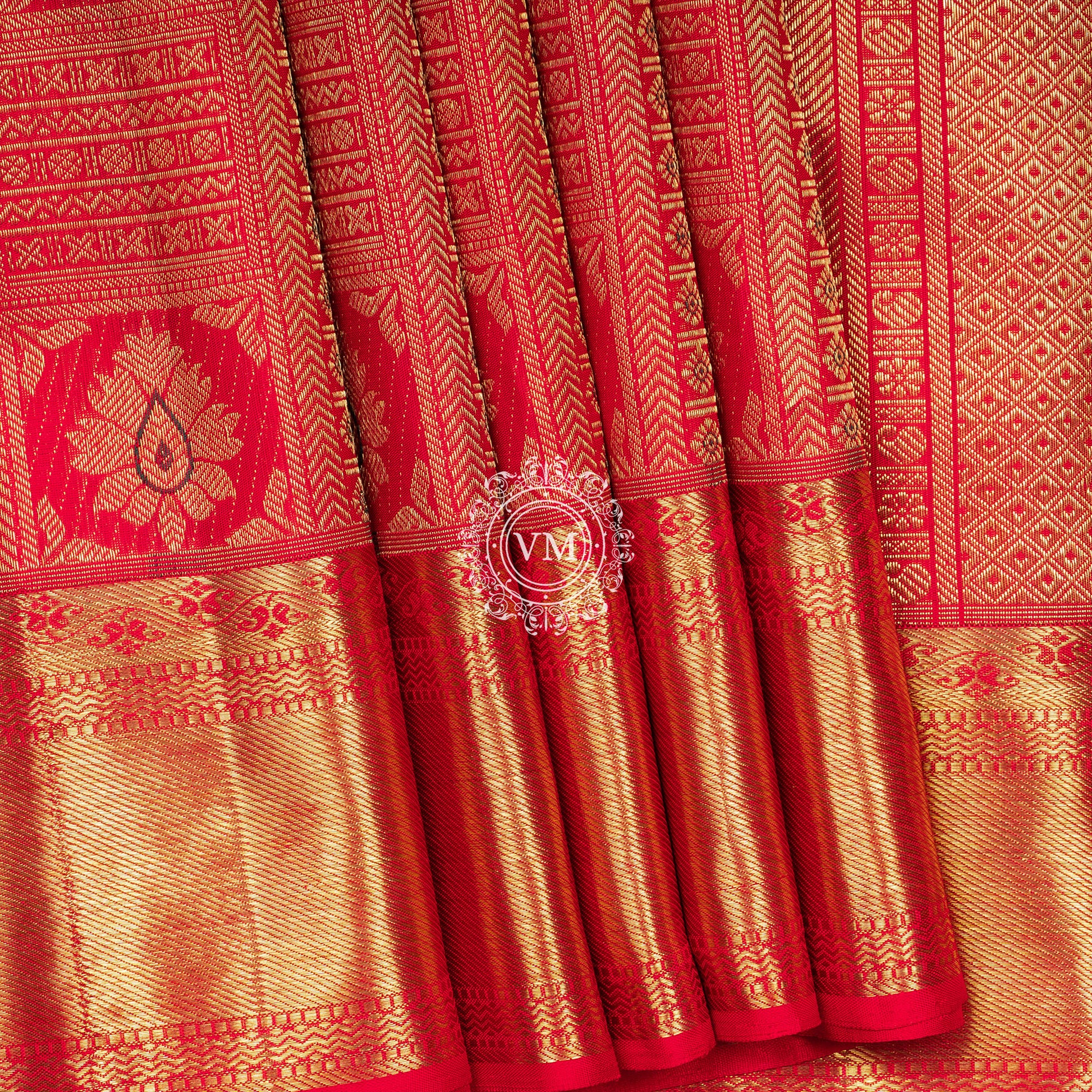 WS28 Cherry Red Silk Saree with Allover rich Golden Zari and Floral  buttas with Traditional Korvai Border - V Muthuswamy Silks