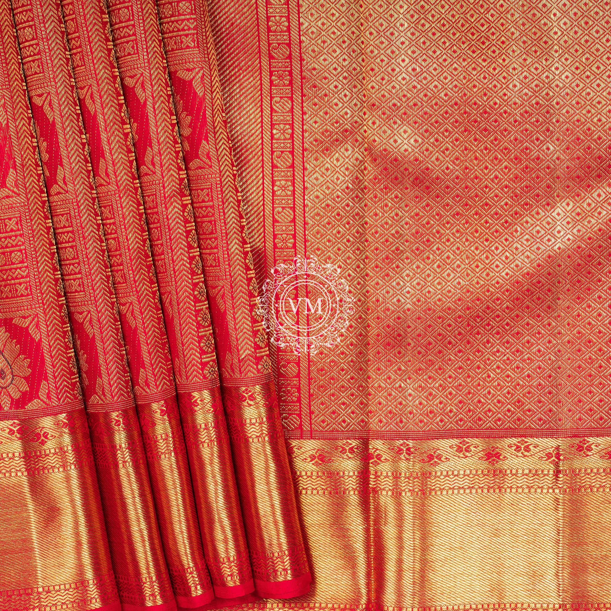 WS28 Cherry Red Silk Saree with Allover rich Golden Zari and Floral  buttas with Traditional Korvai Border - V Muthuswamy Silks