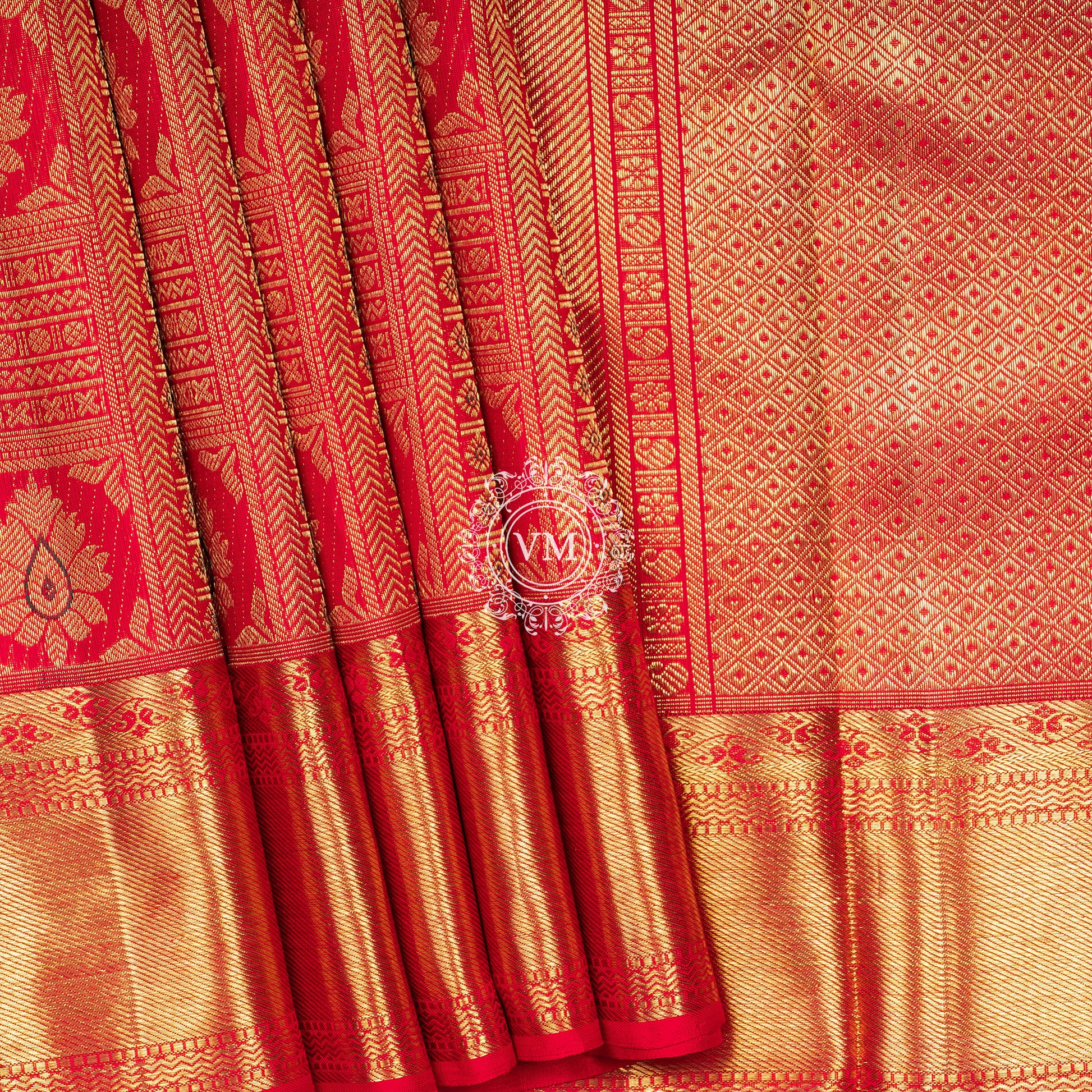 WS28 Cherry Red Silk Saree with Allover rich Golden Zari and Floral  buttas with Traditional Korvai Border - V Muthuswamy Silks