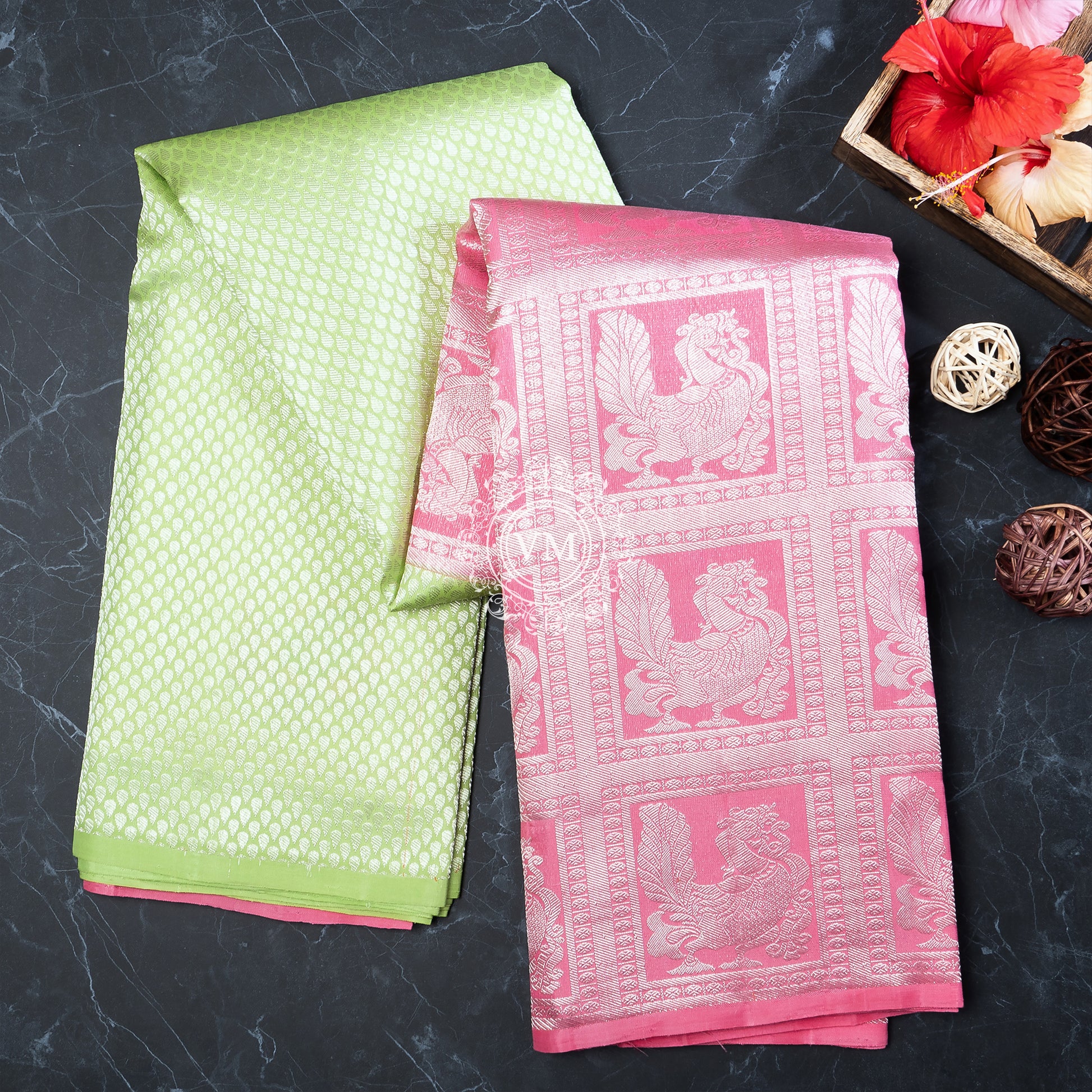 WS30 Allover Brocade Design Pale Olive Green Silk Saree with a Deep Blush Pink Border - V Muthuswamy Silks
