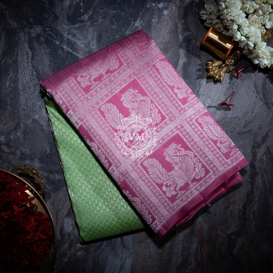 WS30 Allover Brocade Design Pale Olive Green Silk Saree with a Deep Blush Pink Border - V Muthuswamy Silks