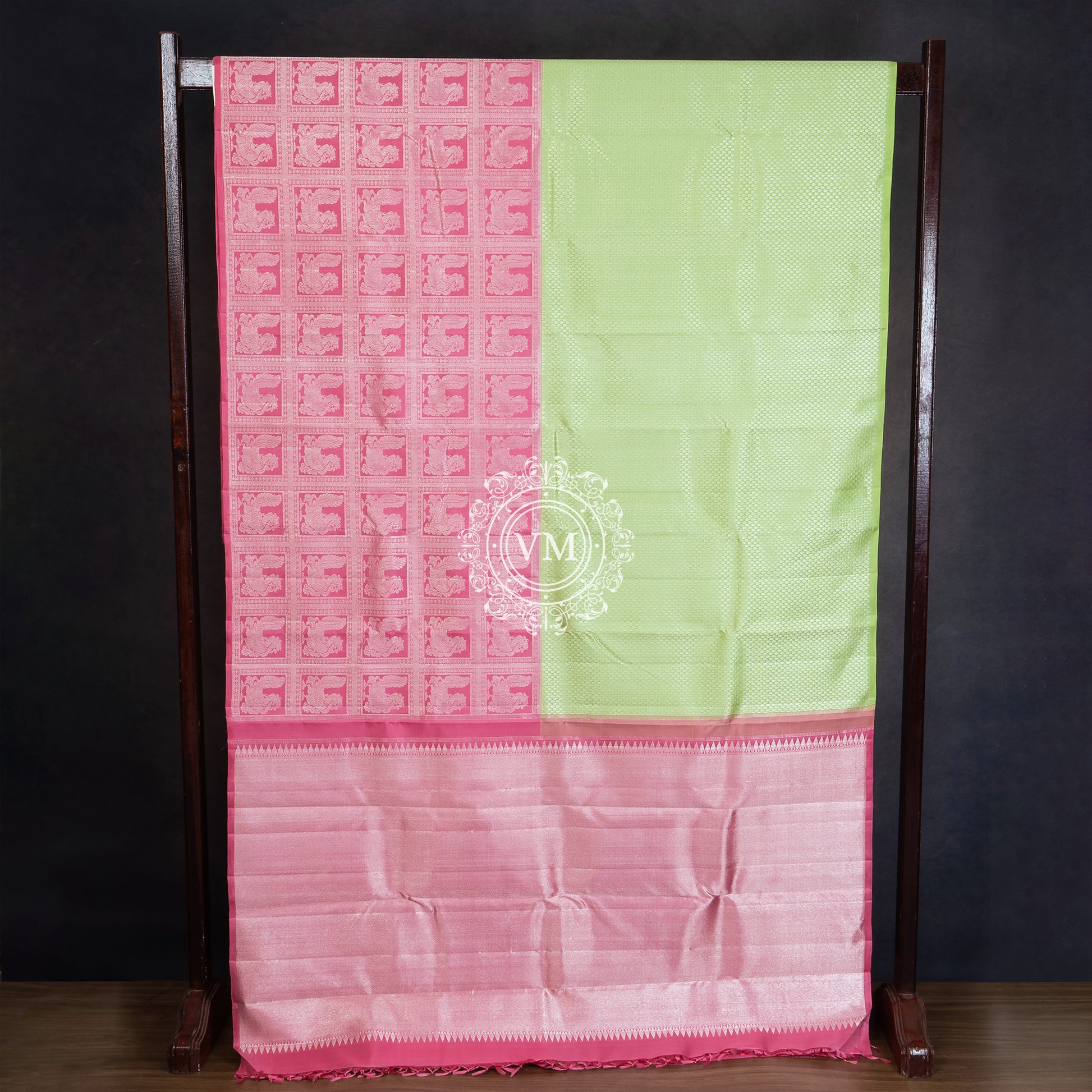 WS30 Allover Brocade Design Pale Olive Green Silk Saree with a Deep Blush Pink Border - V Muthuswamy Silks