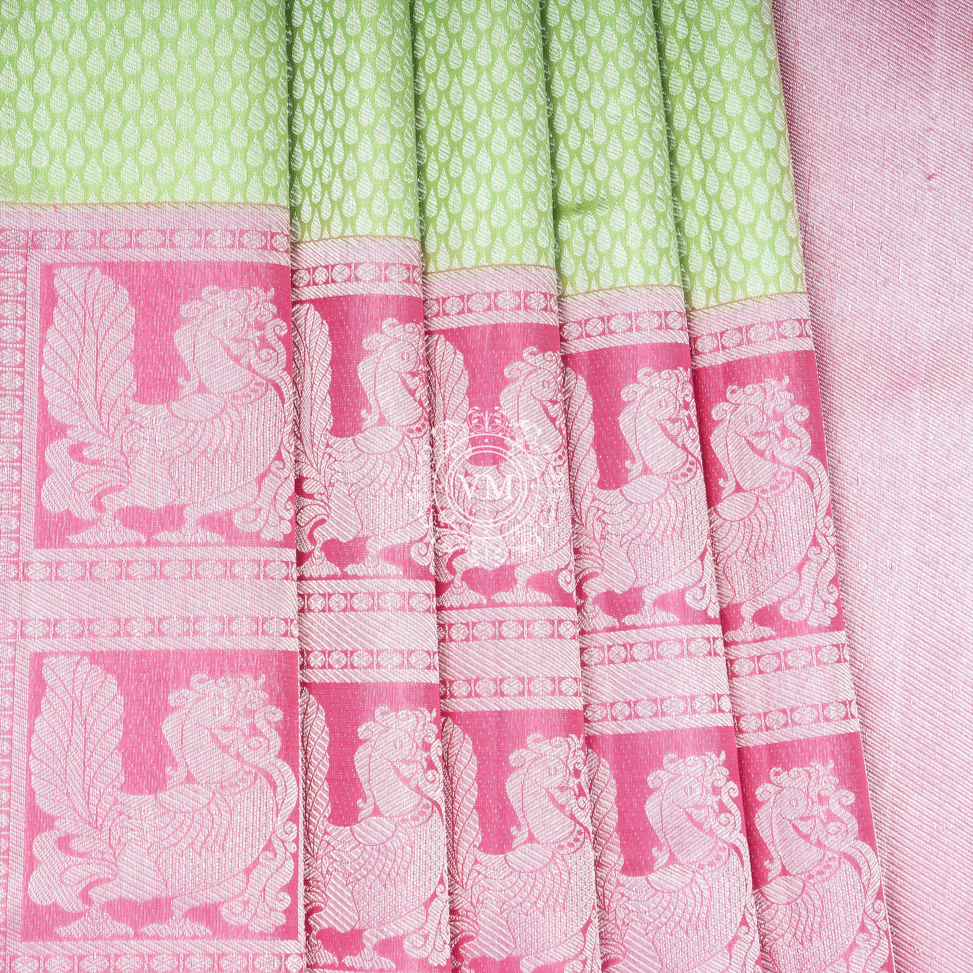WS30 Allover Brocade Design Pale Olive Green Silk Saree with a Deep Blush Pink Border - V Muthuswamy Silks