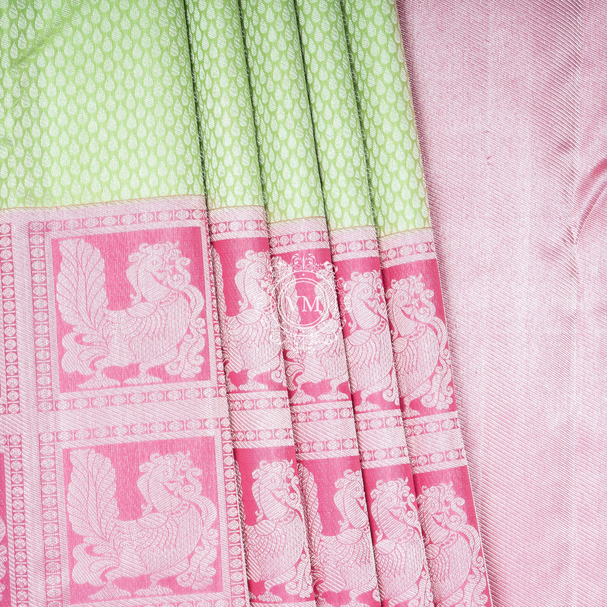 WS30 Allover Brocade Design Pale Olive Green Silk Saree with a Deep Blush Pink Border - V Muthuswamy Silks