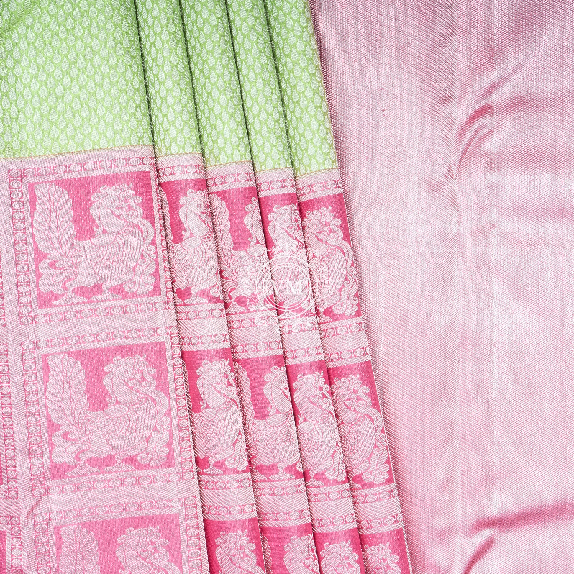 WS30 Allover Brocade Design Pale Olive Green Silk Saree with a Deep Blush Pink Border - V Muthuswamy Silks