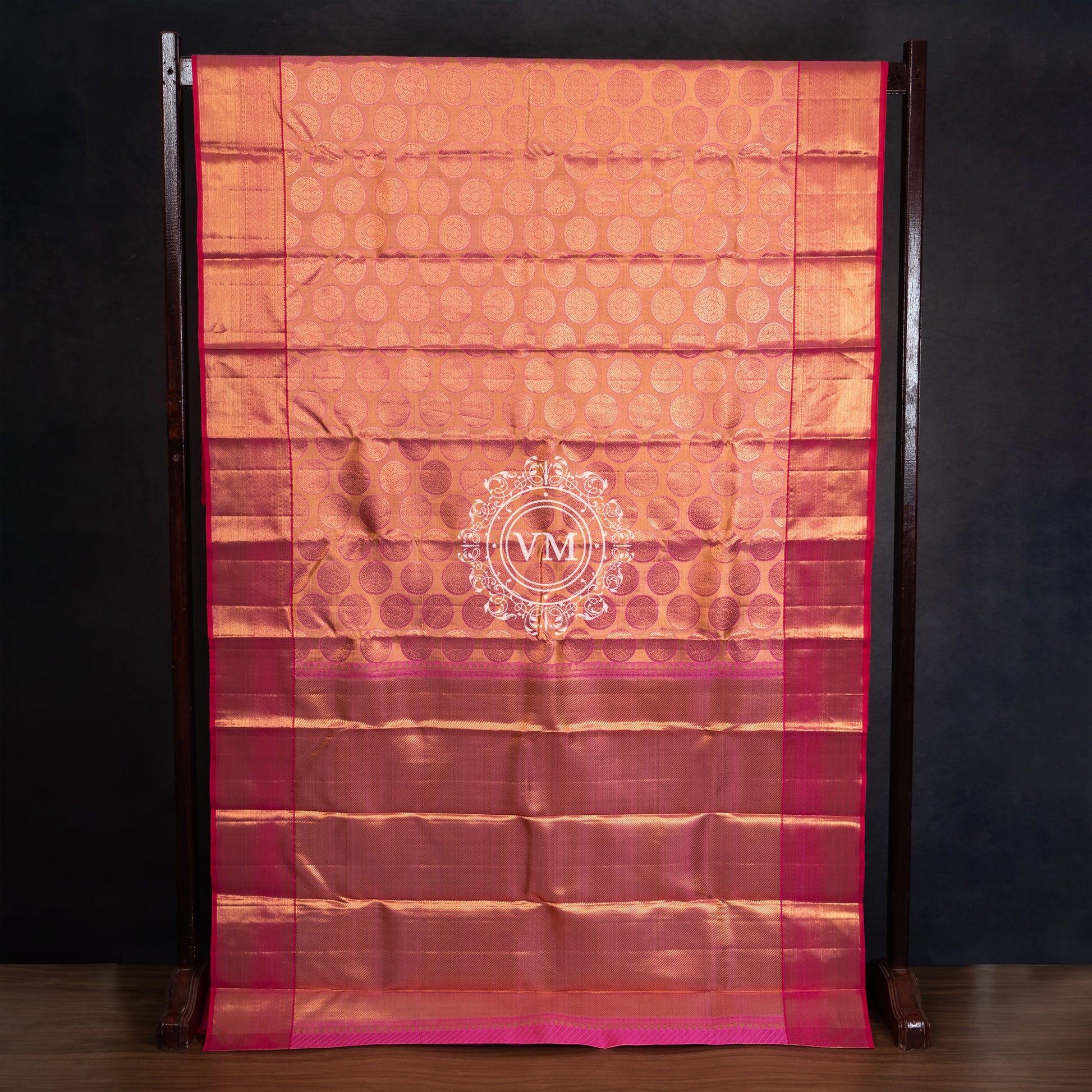 WS31 Rose Gold base with rich golden zari and a cherry red border SIlk saree - V Muthuswamy Silks