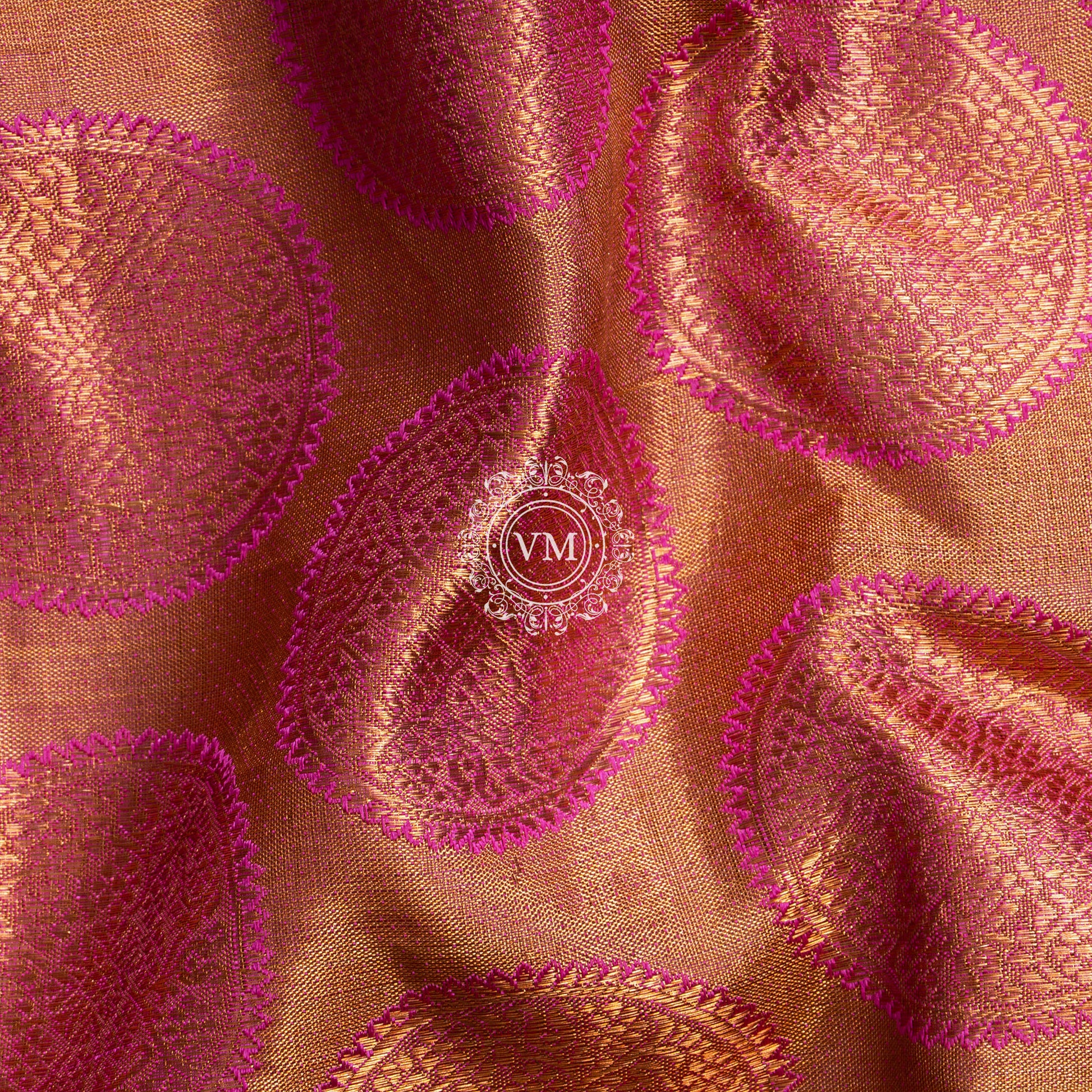 WS31 Rose Gold base with rich golden zari and a cherry red border SIlk saree - V Muthuswamy Silks