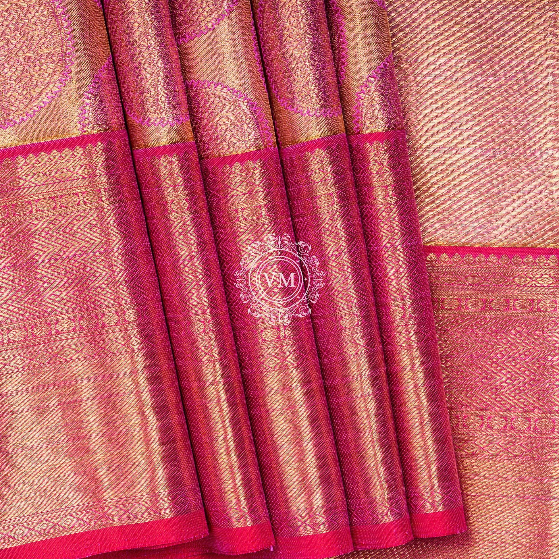 WS31 Rose Gold base with rich golden zari and a cherry red border SIlk saree - V Muthuswamy Silks