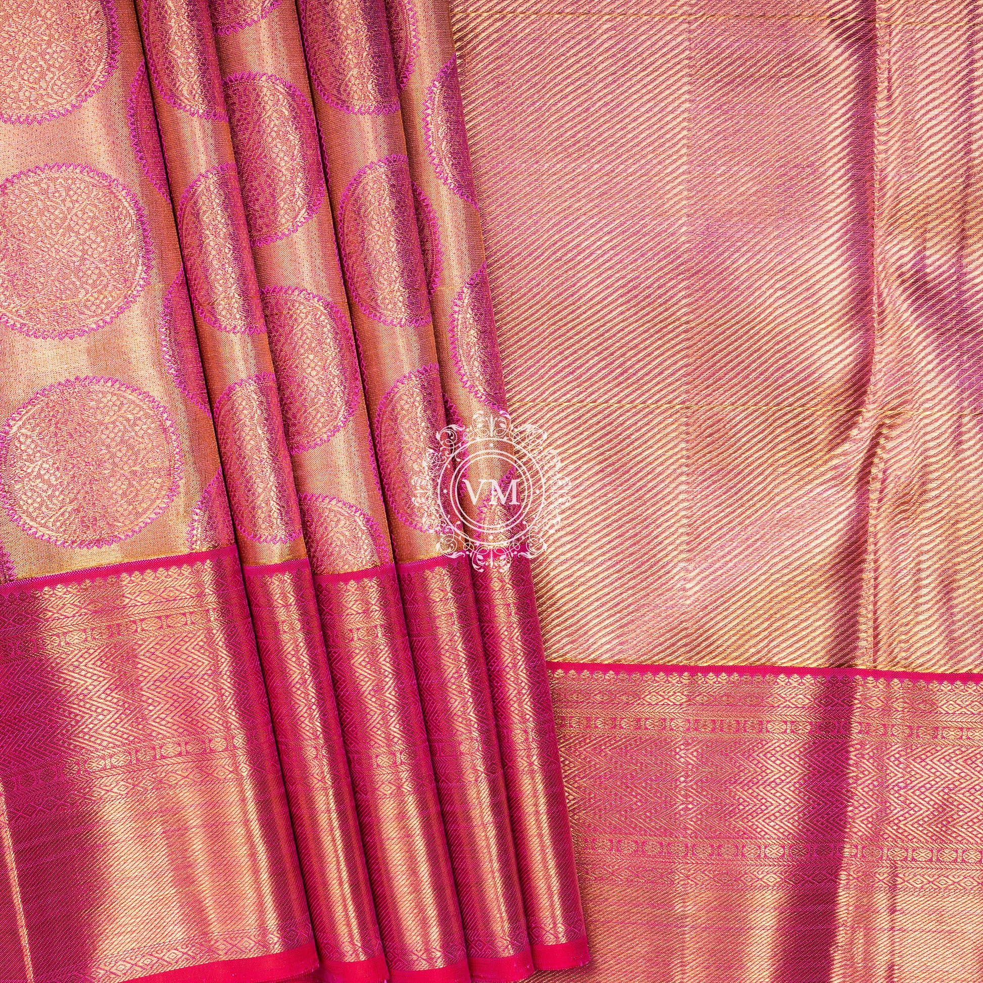 WS31 Rose Gold base with rich golden zari and a cherry red border SIlk saree - V Muthuswamy Silks