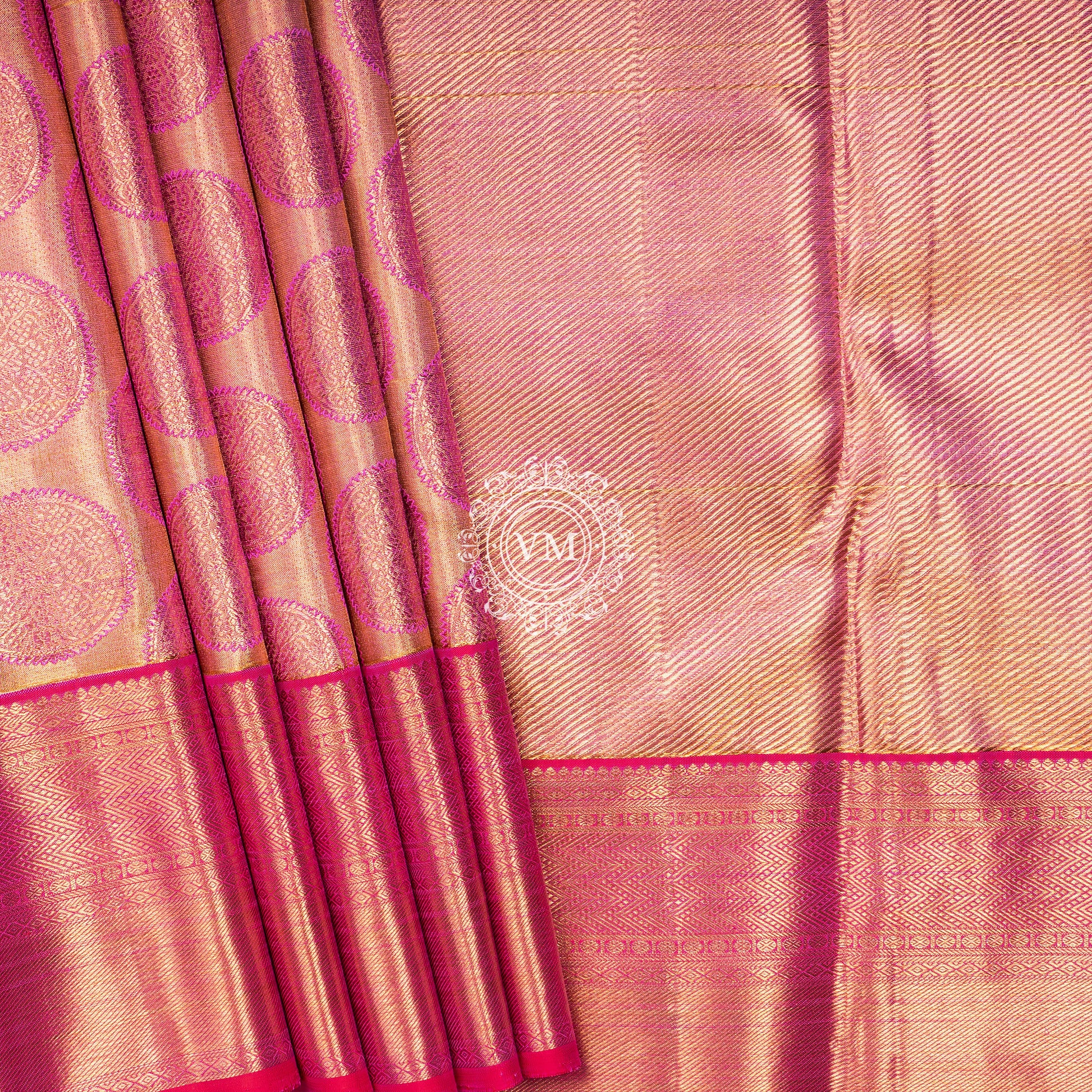 WS31 Rose Gold base with rich golden zari and a cherry red border SIlk saree - V Muthuswamy Silks