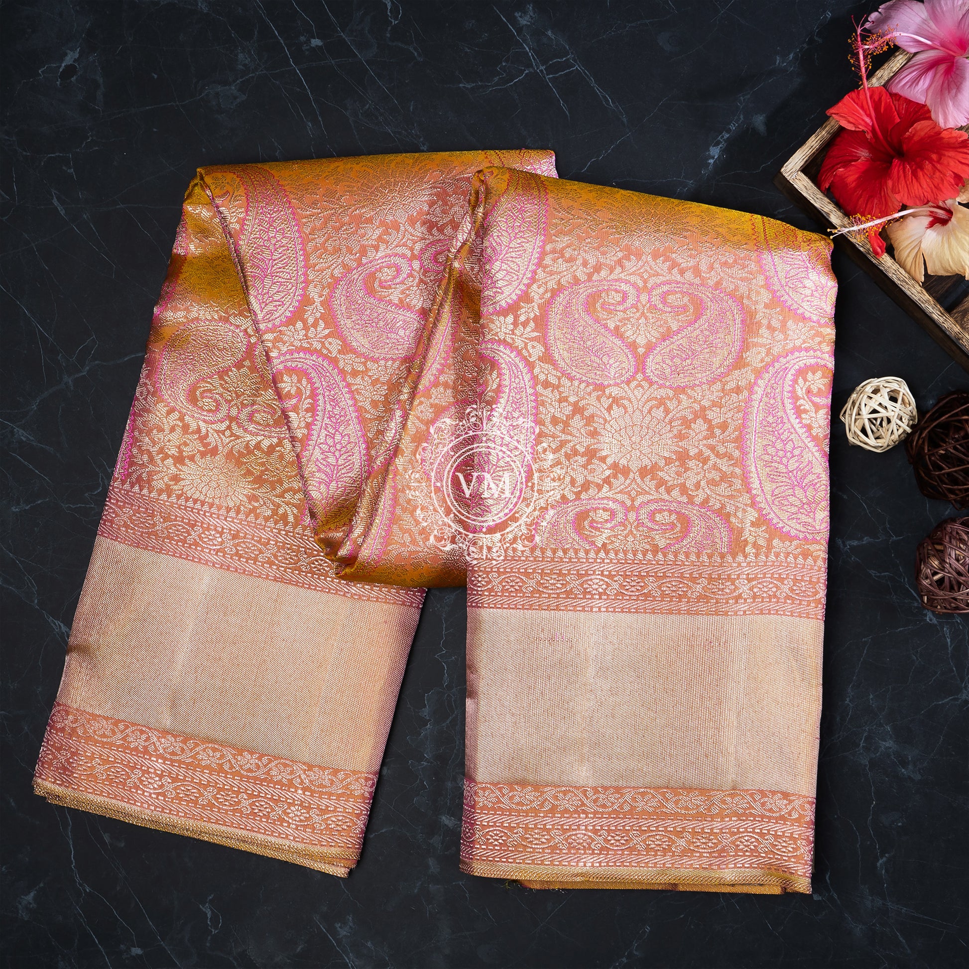 WS35 Sea Pink and Fire Yellow Silk Saree with Mango patterns - V Muthuswamy Silks