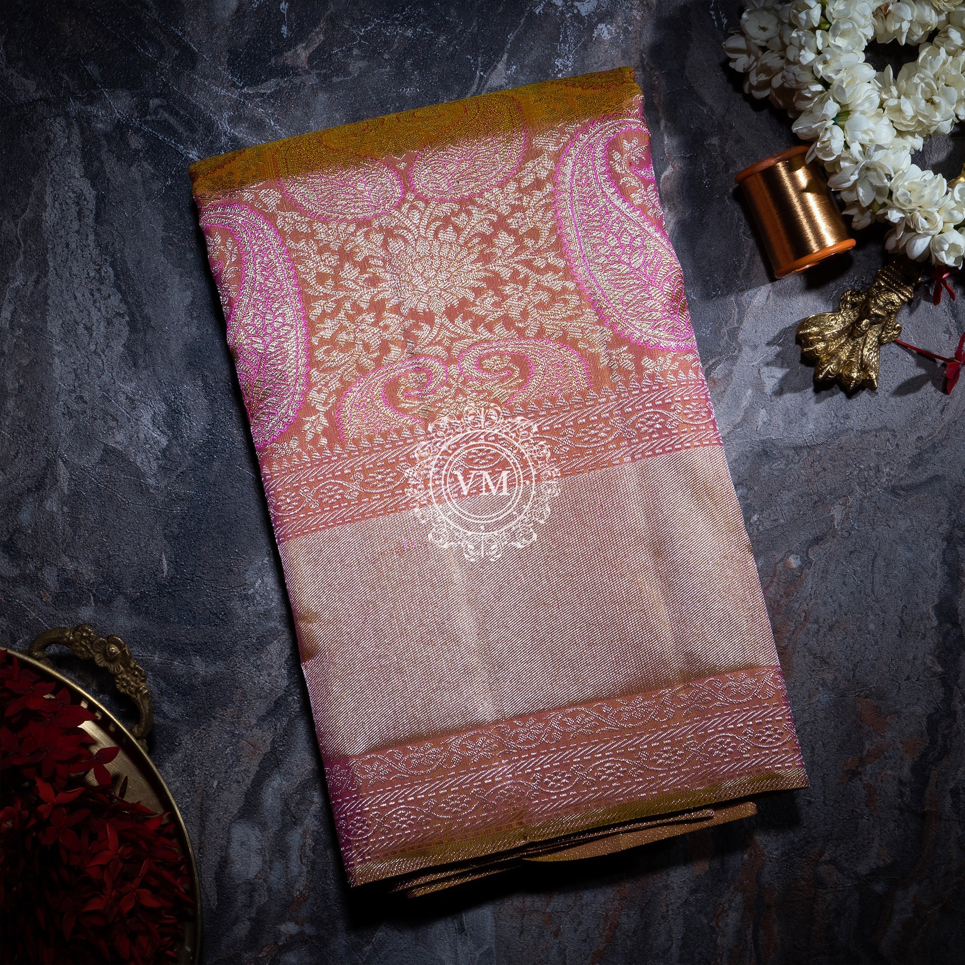 WS35 Sea Pink and Fire Yellow Silk Saree with Mango patterns - V Muthuswamy Silks